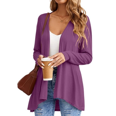 HOWCOME Women's Long Sleeve Open Front Cardigans Casual Lightweight Cover Ups, Purple Red, 2XL