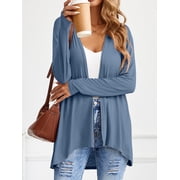HOWCOME Women's Open Front Cardigan Casual Lightweight Long Sleeve Duster Cover Ups, Blue Gray, M