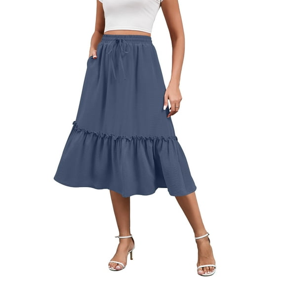 HOWCOME Women's Skirts - Elastic Waist Pleated A Line Skirt Dress with Pockets Dressy Casual Boho Skirt Grayish Blue, XL