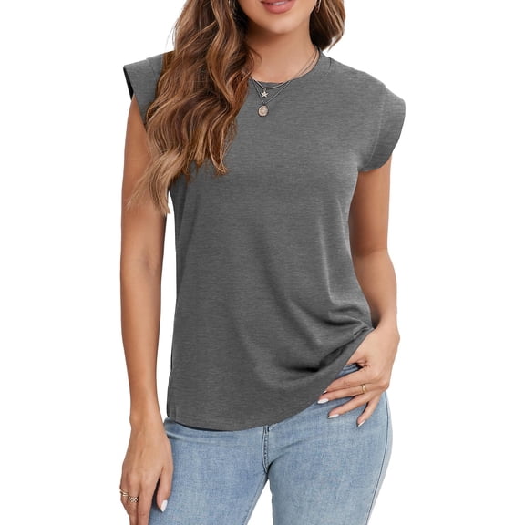 HOWCOME Women's Summer Cap Sleeve Tops Casual Tank Top Round Neck Baisc Tee Shirt 2024 Gray, 2X-Large