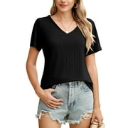HOWCOME Women's Summer Casual Knit Basic Tops V-Neck Short Sleeve Rib Knit T Shirts Black L