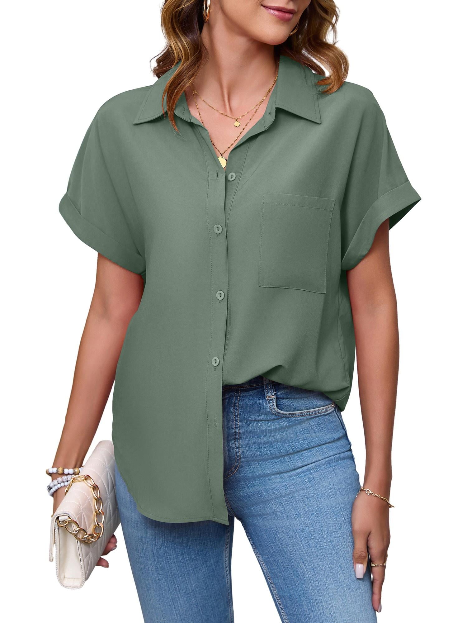 XMMSWDLA Mens Short Sleeve Shirts Button Down Tops Fishing Tees Spread  Collar Plain Summer Blouses Green Mens Shirts 