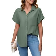 HOWCOME Womens Blouses Short Sleeve Casual Collared Button Down Shirts with Pockets(Olive Green,Large)