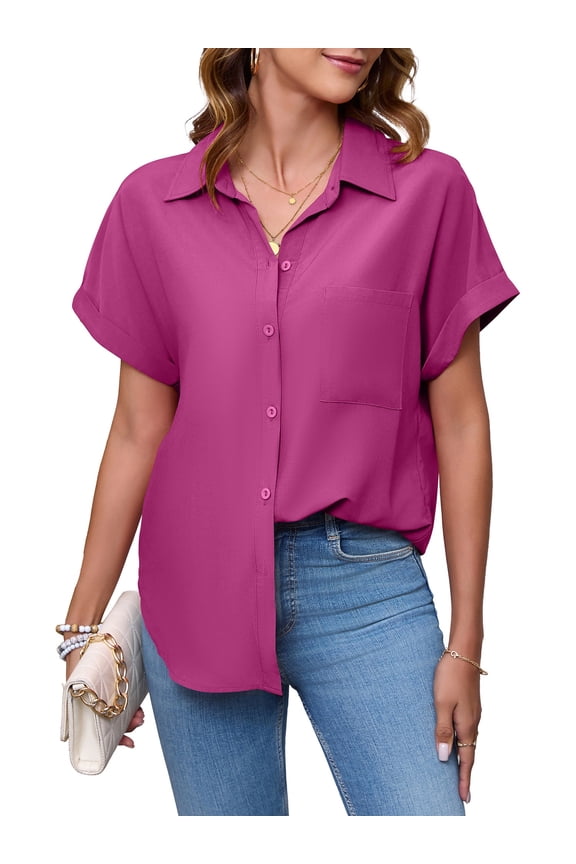 Womens Blouses Short Sleeve Casual Collared Button Down Shirts with Pockets Shocking Pink Large