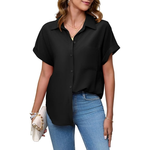 HOWCOME Womens Button Down Shirt Casual Short Sleeve Shirt Work Blouse with Pocket(Black,XX-Large)
