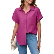 HOWCOME Womens Button Down Shirt Casual Short Sleeve Shirt Work Blouse with Pocket Shocking Pink Small