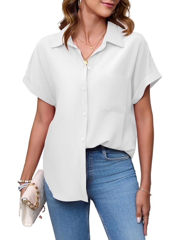Womens Button Down Short Sleeve Shirts for Women Summer Relaxed Fit Work Blouse(White,Small)