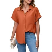 HOWCOME Womens Button Down Short Sleeve Shirts for Women Summer Relaxed Fit Work Blouses(Rust Brown,Large)