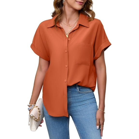 HOWCOME Womens Button Down Short Sleeve Shirts for Women Summer Relaxed Fit Work Blouses(Rust Brown,Large)