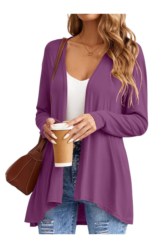 Womens Casual Lightweight Long Sleeve Cardigan Soft Open Front Cover Ups Dusters, Purple Red, XL