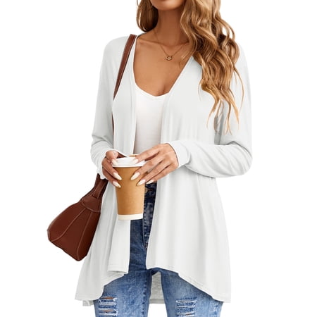HOWCOME Womens Casual Lightweight Long Sleeve Cardigan Soft Open Front Cover Ups Dusters, White, XL