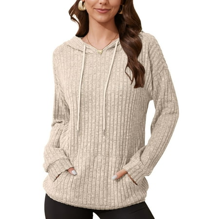 HOWCOME Womens Casual Oversized Hoodies Brushed Fleece Knit Sweatshirts Fall Long Sleeve Pullover with Kangaroo Pockets Apricot L