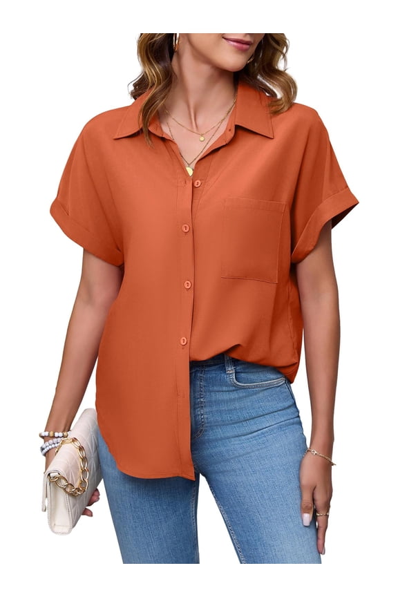 Womens Casual Short Sleeve Button Down Shirts Work Blouses with Pocket(Rust Brown,Small)