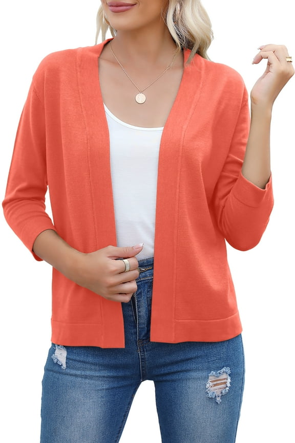 Womens Cropped Cardigans Sweaters 3/4 Sleeve Open Front Short Shrugs(Bright Orange,2XL)