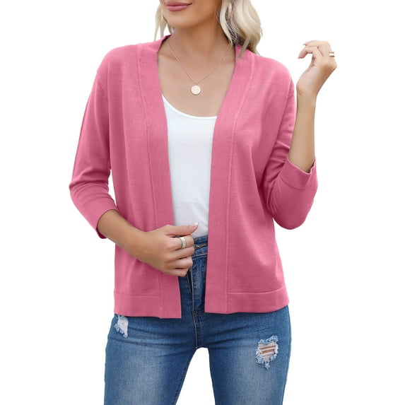 HOWCOME Womens Cropped Cardigans Sweaters 3/4 Sleeve Open Front Short Shrugs(Coral Pink,XXL)