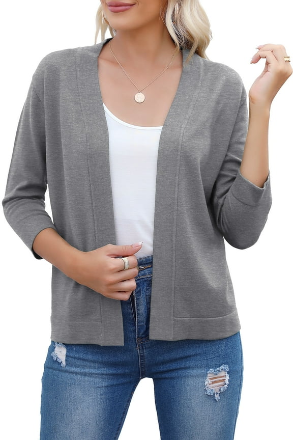 Womens Cropped Cardigans Sweaters 3/4 Sleeve Open Front Short Shrugs(Dark Gray,XXL)