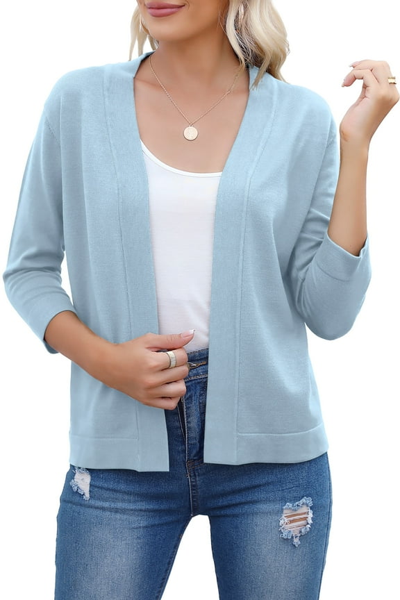 Womens Cropped Cardigans Sweaters 3/4 Sleeve Open Front Short Shrugs(Light Blue,XXL)