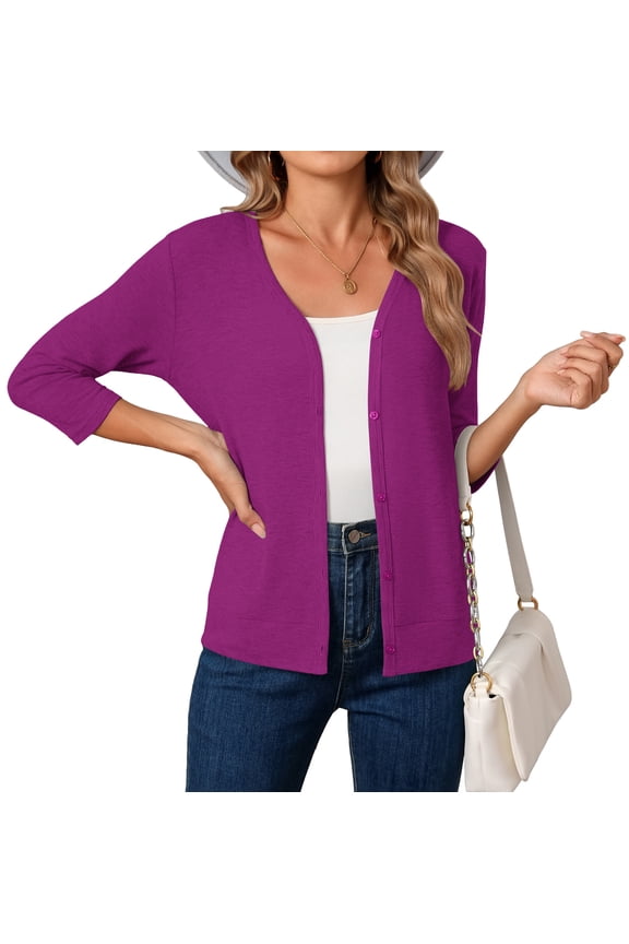 Womens Light Weight Cardigans Soft Knit V-neck 3/4 Sleeve Swetear Top, Clean Purple L