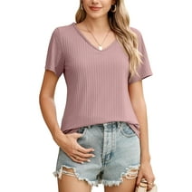 HOWCOME Womens Short Sleeve T Shirts Casual V-Neck Slim Fit Ribbed Knit Tunic Tops Pink L