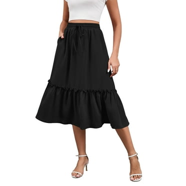 HOWCOME Womens Skirts - High Waisted Tiered Skirts for Women Knee Length with Pockets Beach Cover-ups dress Black, L