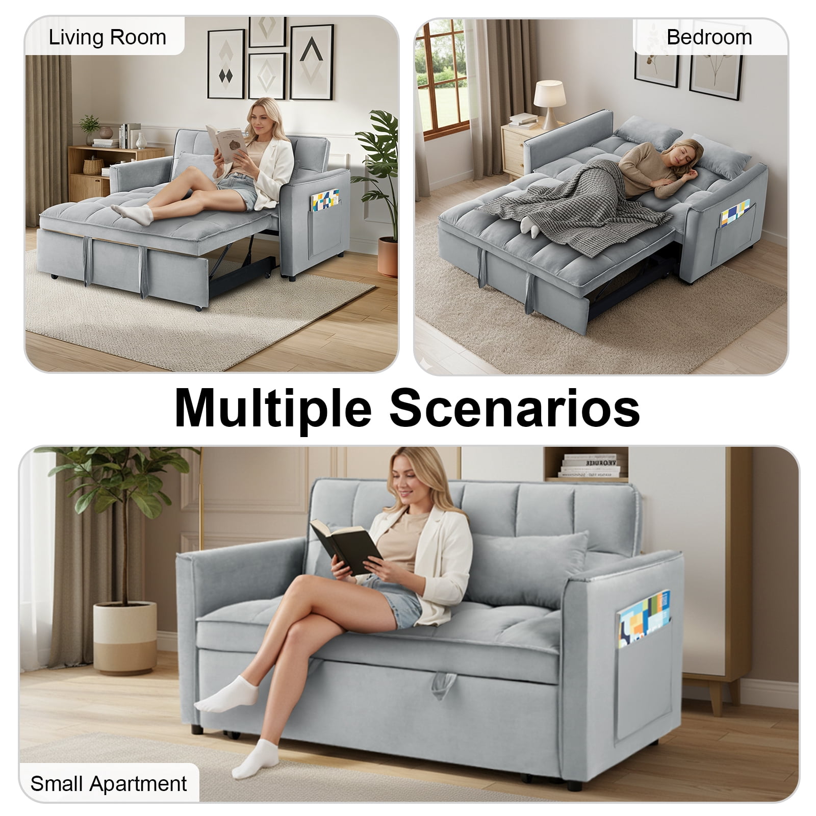 Howcool 55" 3-in-1 Convertible Sleeper Sofa Bed, Pull Out Loveseat, Velvet Adjustable Backrest Couch with Storage Pocket, Small Space Apartment Sofa for Living Room Bedroom，Light grey