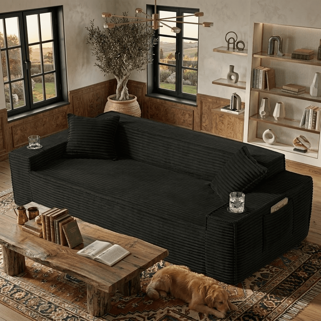 80.7" Boneless Sofa Couches with Cup Holder,3 Seat Couch with Side Pocket, Cloud Couch for Compact Living Rooms, Apartments，Black