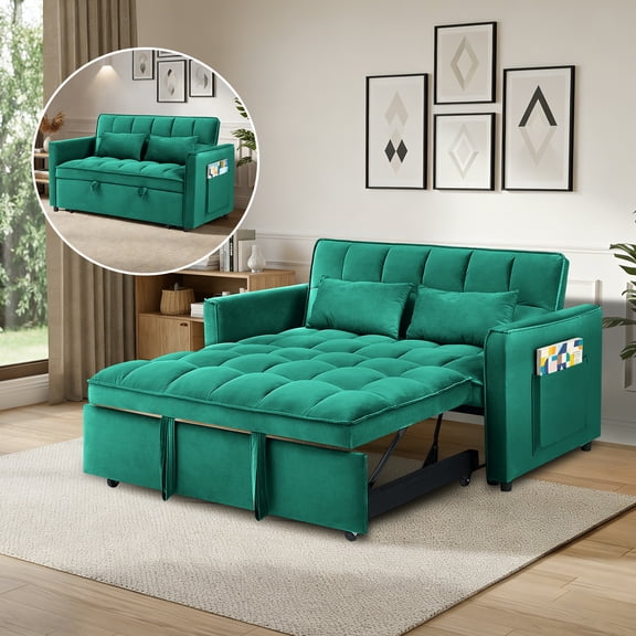 Howcool 54" 3 in 1 Convertible Sleeper Sofa Bed, Pull Out Velvet Loveseat Couch with Adjustable Backrest & Storage,Green