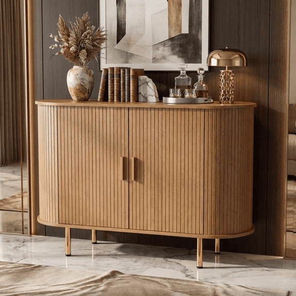 Howcool 40" Credenza Buffet Sideboard Cabinet with Storage, Modern Fluted Sliding Door Console with Adjustable Shelf for Kitchen, Entryway & Coffee Bar,Yellow Walnut
