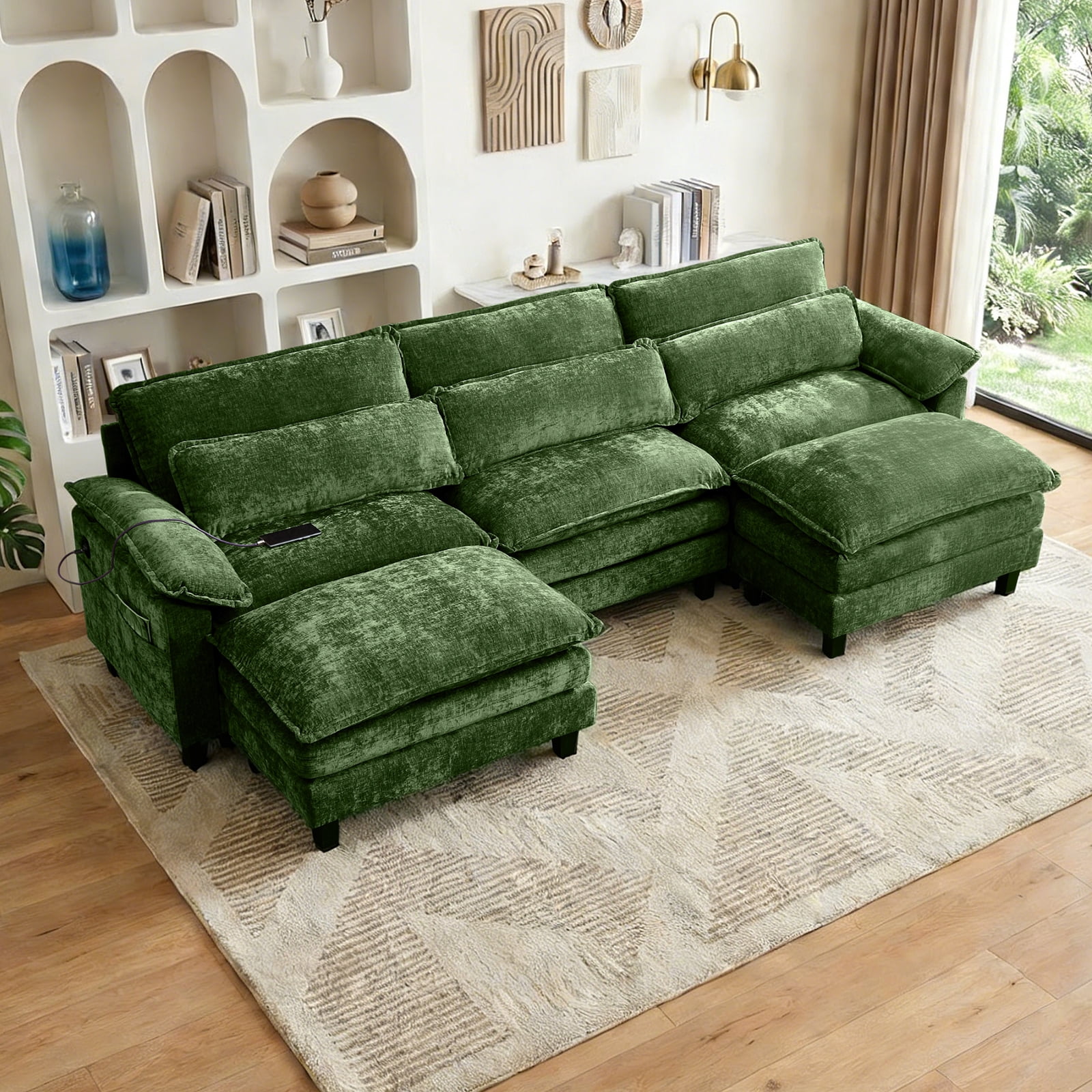 Howcool 113" Modular Sectional Sofa , 3 Seater U-Shaped Cloud Couch with Movable Ottoman, USB Charging Ports & Side Pockets, Sectional couchs for Living Room,Chenille Fabric,Green