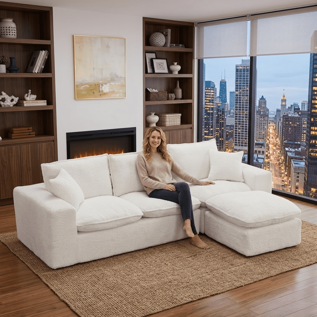 Howcool L-Shaped Boneless Modular Sectional Cloud Couches, 4 Seat Modular Boucle Floor Foam Boneless Sofa Couch with Ottoman, Headrest Pillows and Removable Cushions,No-Assembly,Beige
