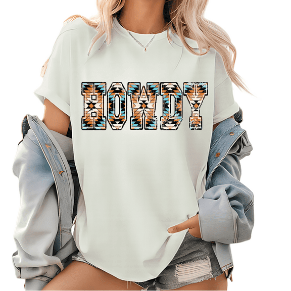 HOWDY AZTEC Print T Shirts for Womens Cowgirl Western Vibes Graphic Tees Short Sleeve Casual Cotton Tops for Daily Outfits White,S