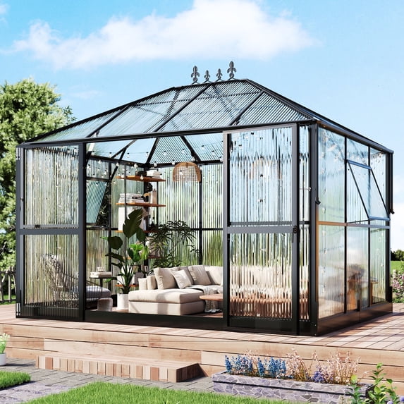 Jocisland 11x8.5x8.5 FT Pavilion Styled Greenhouse with 2 Vents Double Swing Doors, 6 FT Wall Height Polycarbonate Greenhouse Greenhouse Kit, Greenhouses for Outdoors, Sunroom Black