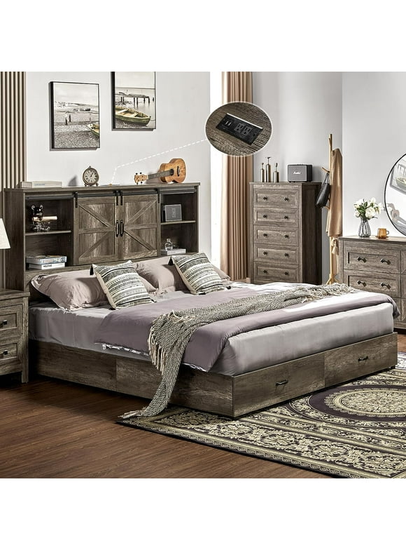HOWE Full Size Wooden Platform Storage Bed Frame with 51.2" Wood Bookcase Headboard(Rustic Grey)