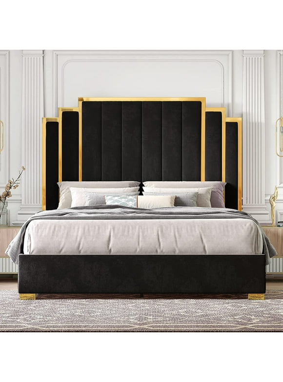 HOWE King Size Bed Frame and Headboard, Upholstered Bed with Golden Plating Trim, Black