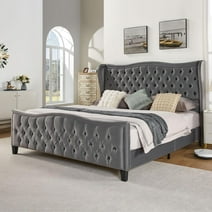 Howe King Size Platform Bed Frame, Wavy Velvet Upholstered Bed with Deep Button Tufted Gray