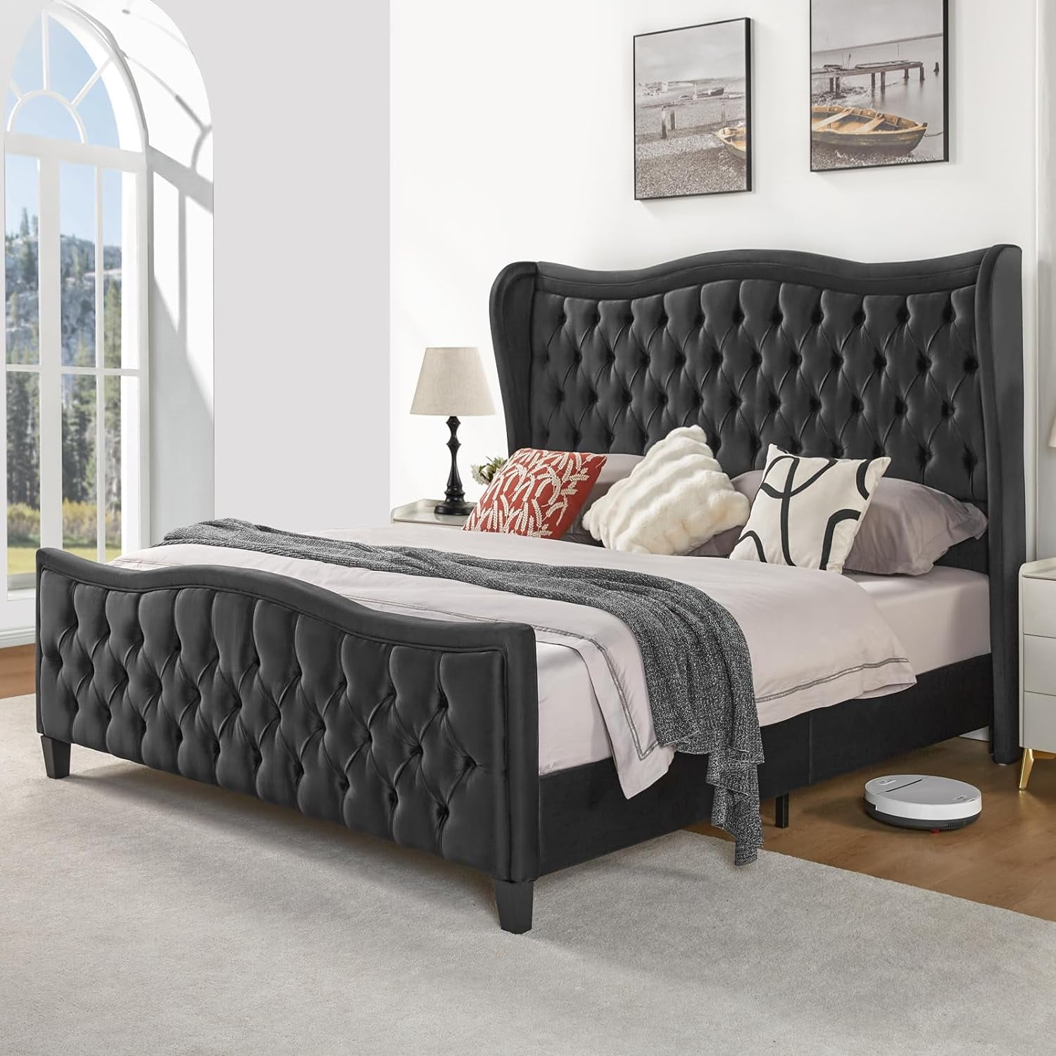 HOWE Queen Size 52.9" Tall Platform Bed Frame, Velvet Wingback