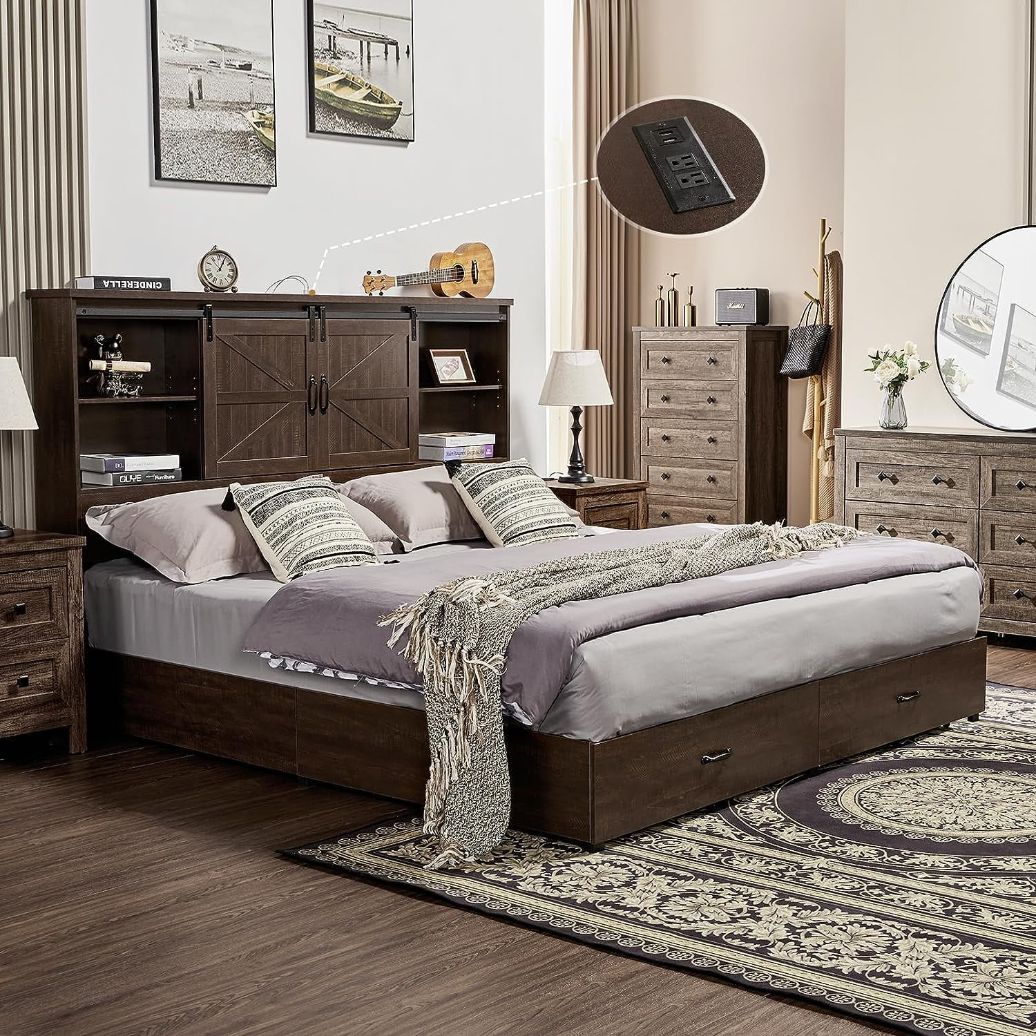 HOWE Queen Size Wooden Platform Storage Bed Frame with 51.2