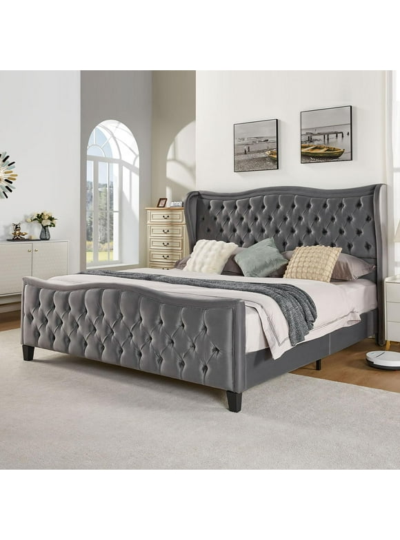 Howe Queen Size Platform Bed Frame, Wavy Velvet Upholstered Bed with Deep Button Tufted Gray