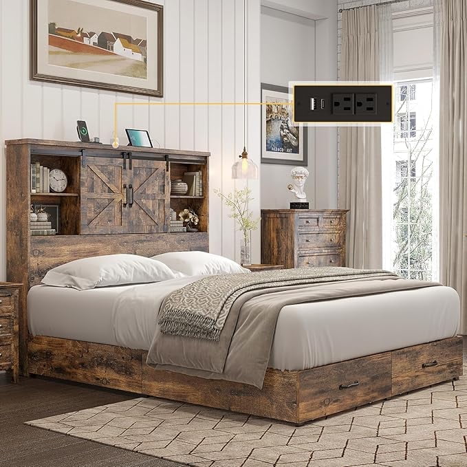 Rustic Brown Queen Wood Platform Bed with Bookcase Headboard and Storage