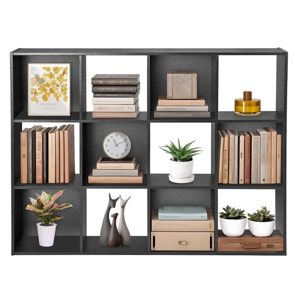 HOWEN 12-Cube Storage Organizer, Wooden Bookcase Cabinet Bookshelf with Back Panels in Black, Modular Shelf Unit for Living Room, Office, or Bedroom