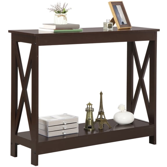 HOWEN 2-Tier Narrow Console Table for Entryway, Brown Storage Shelf Modern Accent Sofa Table, Slim Hallway Table with Two Shelves for Small Spaces