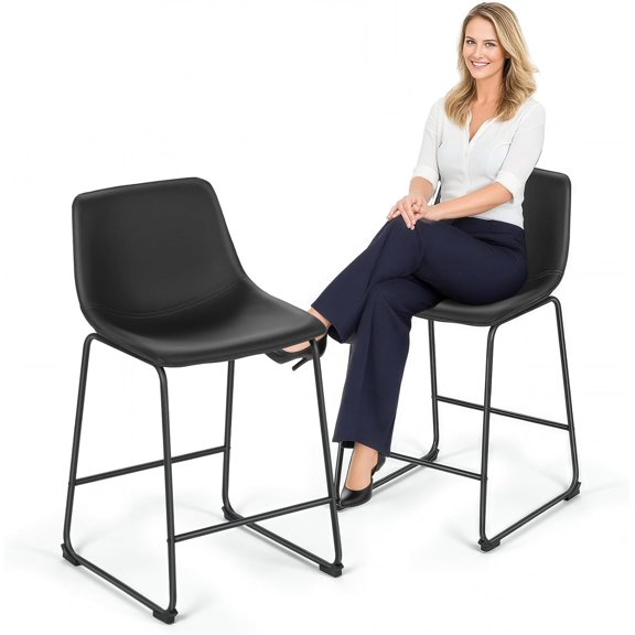 HOWEN 23'' Counter Height Bar Stools Bar Chairs Set of 2 Modern PU Leather Bucket Chairs with Back Soft Foam Filled Metal Frame Bar Stools with Footrest for Pub, Bistro, Kitchen, Black