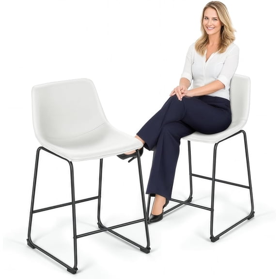 HOWEN 23'' Counter Height Bar Stools Bar Chairs Set of 2 Modern PU Leather Bucket Chairs with Back Soft Foam Filled Metal Frame Bar Stools with Footrest for Pub, Bistro, Kitchen, White