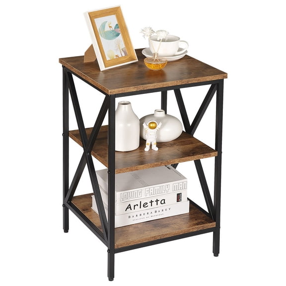 HOWEN 24.4" Industrial Side Table, X-Shape 3-Tier Small End Table with Storage Shelves in Brown, Vintage Accent Table for Living Room or Bedroom