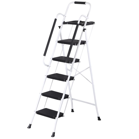 HOWEN 5-Step Folding Steel Step Ladder with Non-Slip Wide Pedal and Tool Tray, White, Lightweight and Sturdy for Home, Kitchen, and Office Use