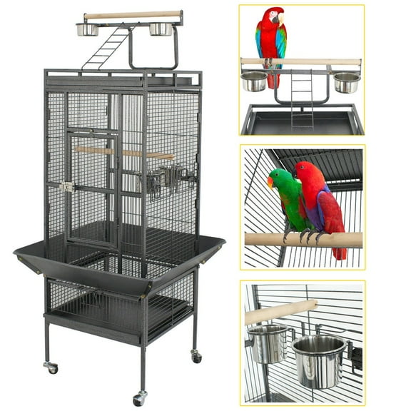 HOWEN 61-inch Large Bird Cage with Play Top, Wrought Iron Parrot Finch Cage for Cockatiel Cockatoo, spacious Interior with Rolling Stand, White