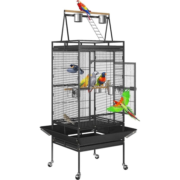 HOWEN 68-inch Large Bird Cage Wrought Iron, Finch Parrot Cage with Play Top and Rolling Stand, Spacious Design for Cockatiels, Parakeets, Lovebirds