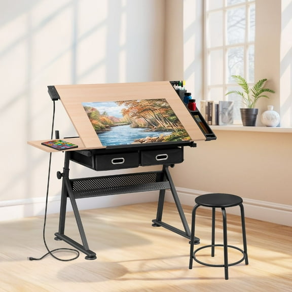 HOWEN Drafting Table Drawing Adjustable Craft Desk, Tabletop with Stool & Drawers in Natural Wood, Tilting Desk for Artists, Architects, and Students