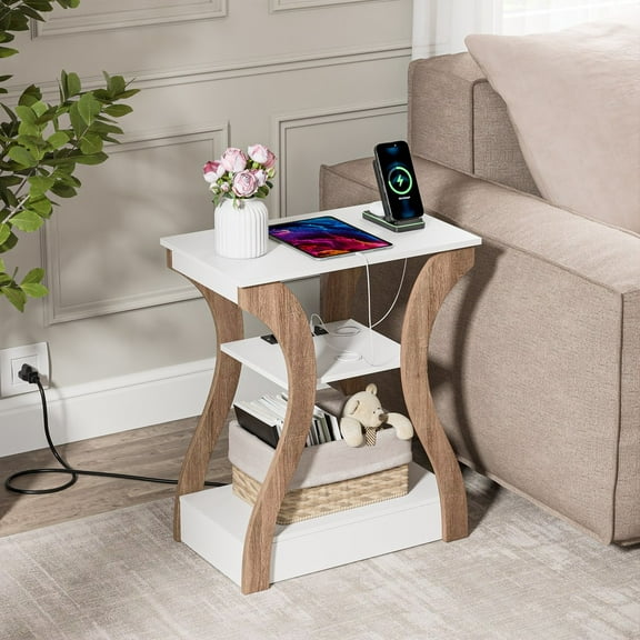 HOWEN End Table 3 Tier with Curved Leg, Accent Sofa Table with Charging Station and USB Ports in White, Modern Side Table for Living Room and Bedroom