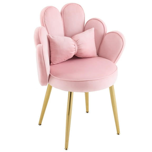 HOWEN Petal Makeup Vanity Chair with Back,Flower Cute Girls Desk Chair Comfy No Wheels,Modern Dining Chair,Small Accent Chair with Adustable Gold Legs&Bow Pillow for Home Office,Bedroom,Velvet,Pink